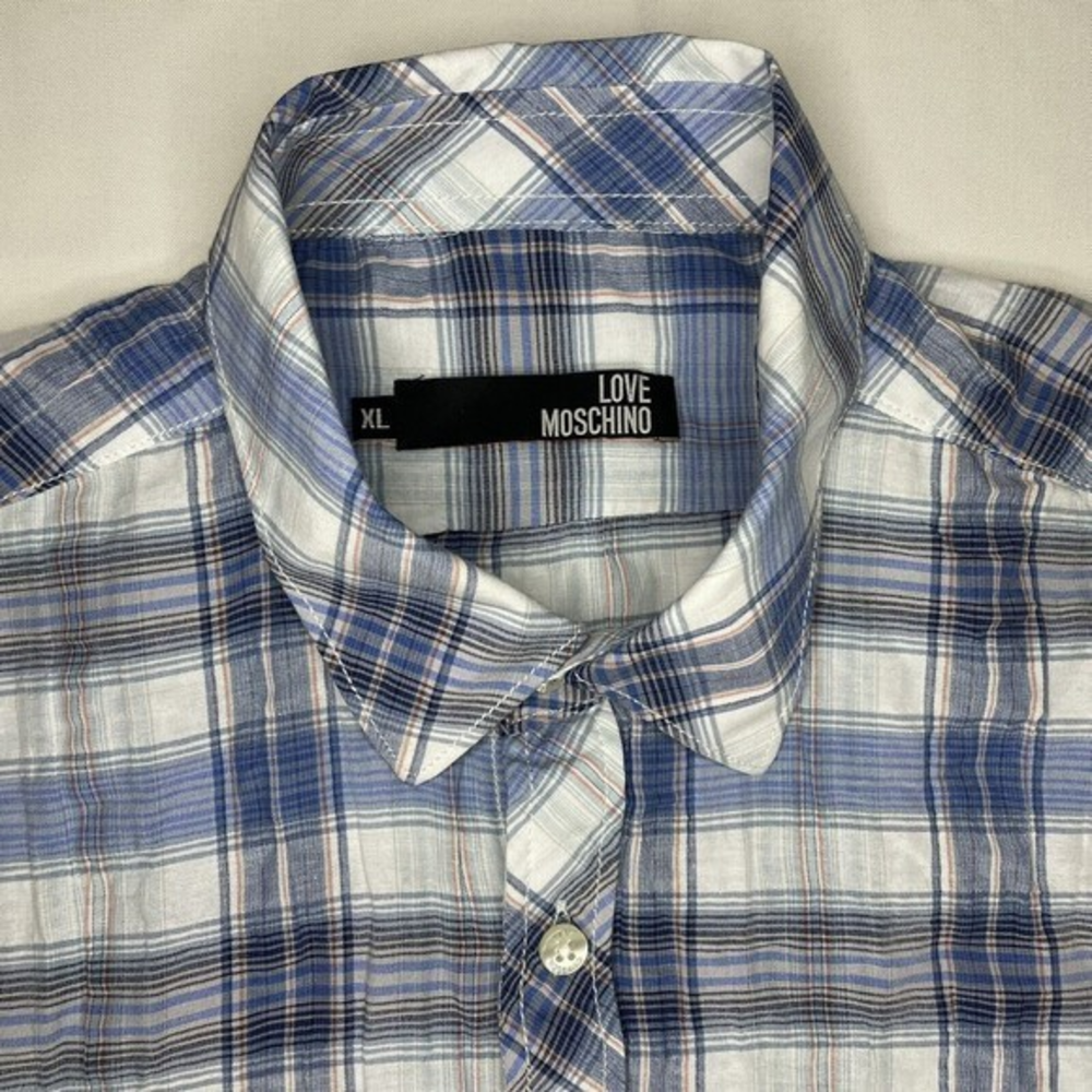 Love Moschino Button Up Shirt Men’s XL Blue White Plaid Short‎ Sleeve
